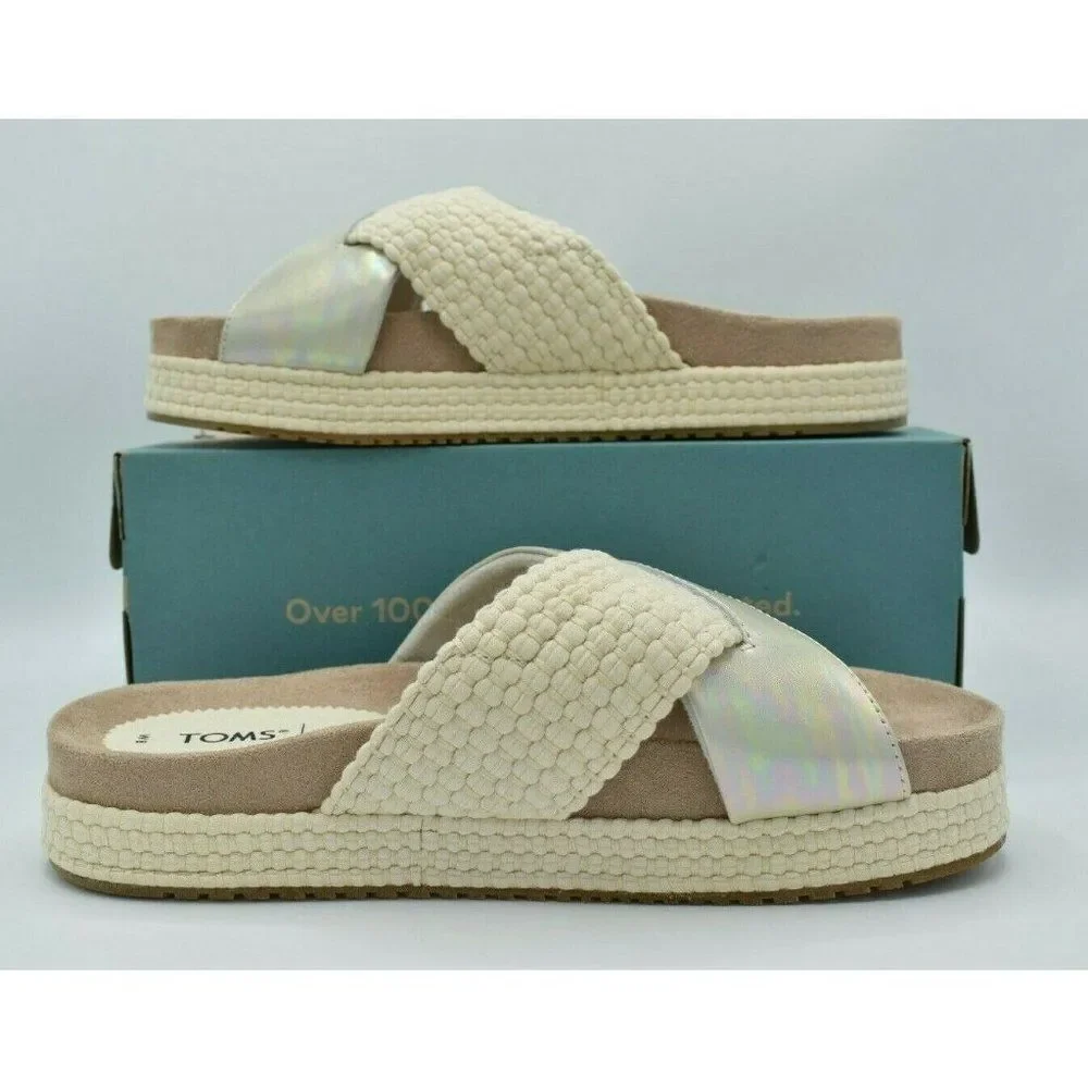 Toms Womens Size 9 Silver Iridescent Leather Woven Trim Paloma Platform Slide‎